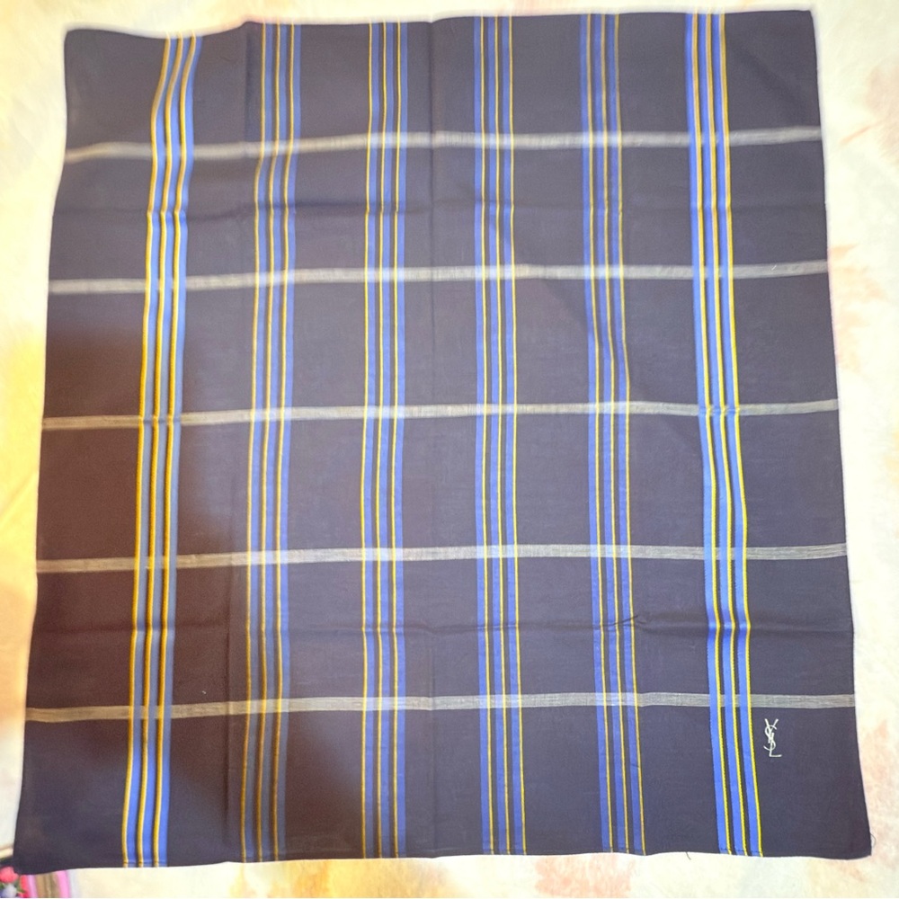 Yves Saint Laurent Blue and Yellow Striped Pocket Square